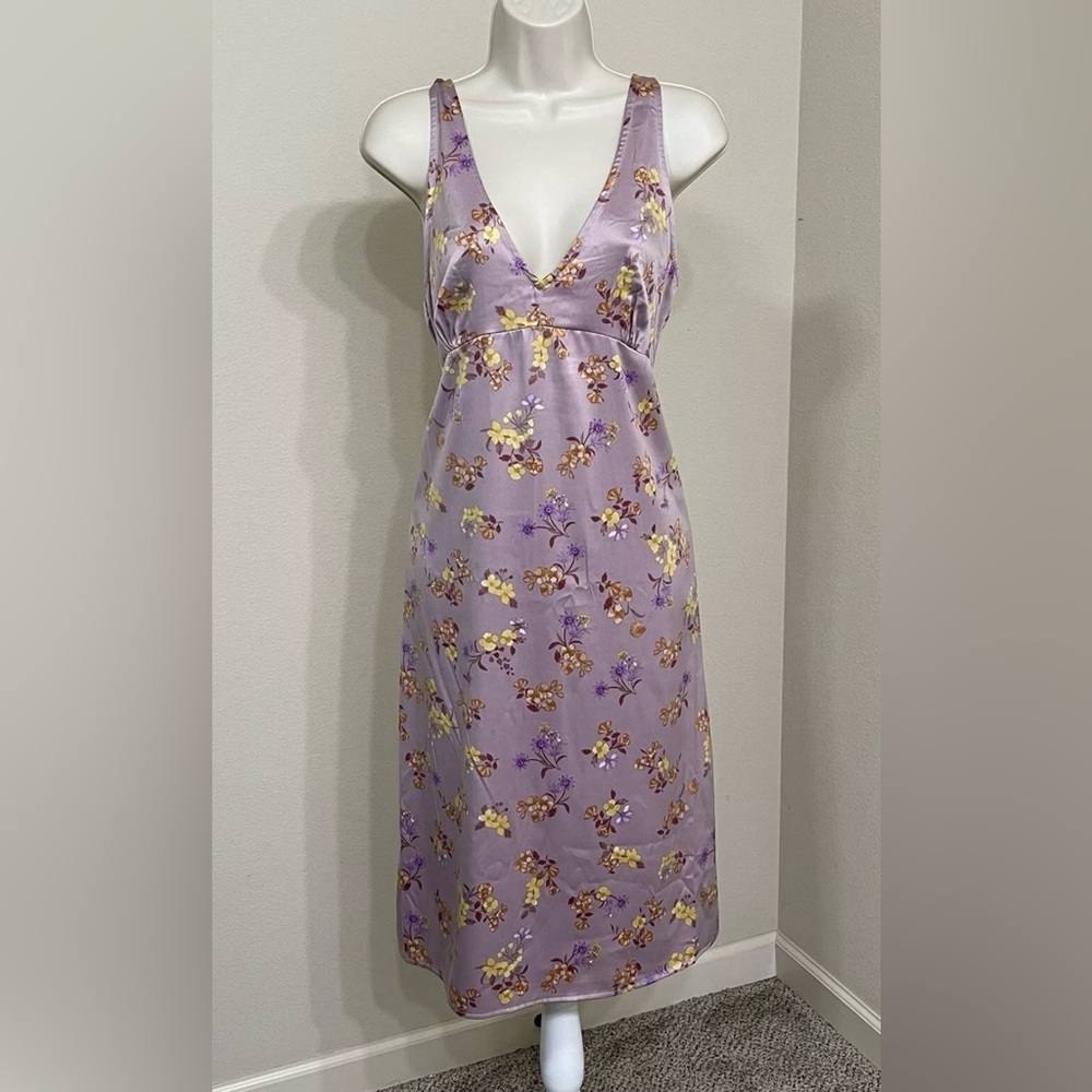 Pink Rose Women’s Lavender Floral Print Sleeveless V-Neck Summer Dress s L